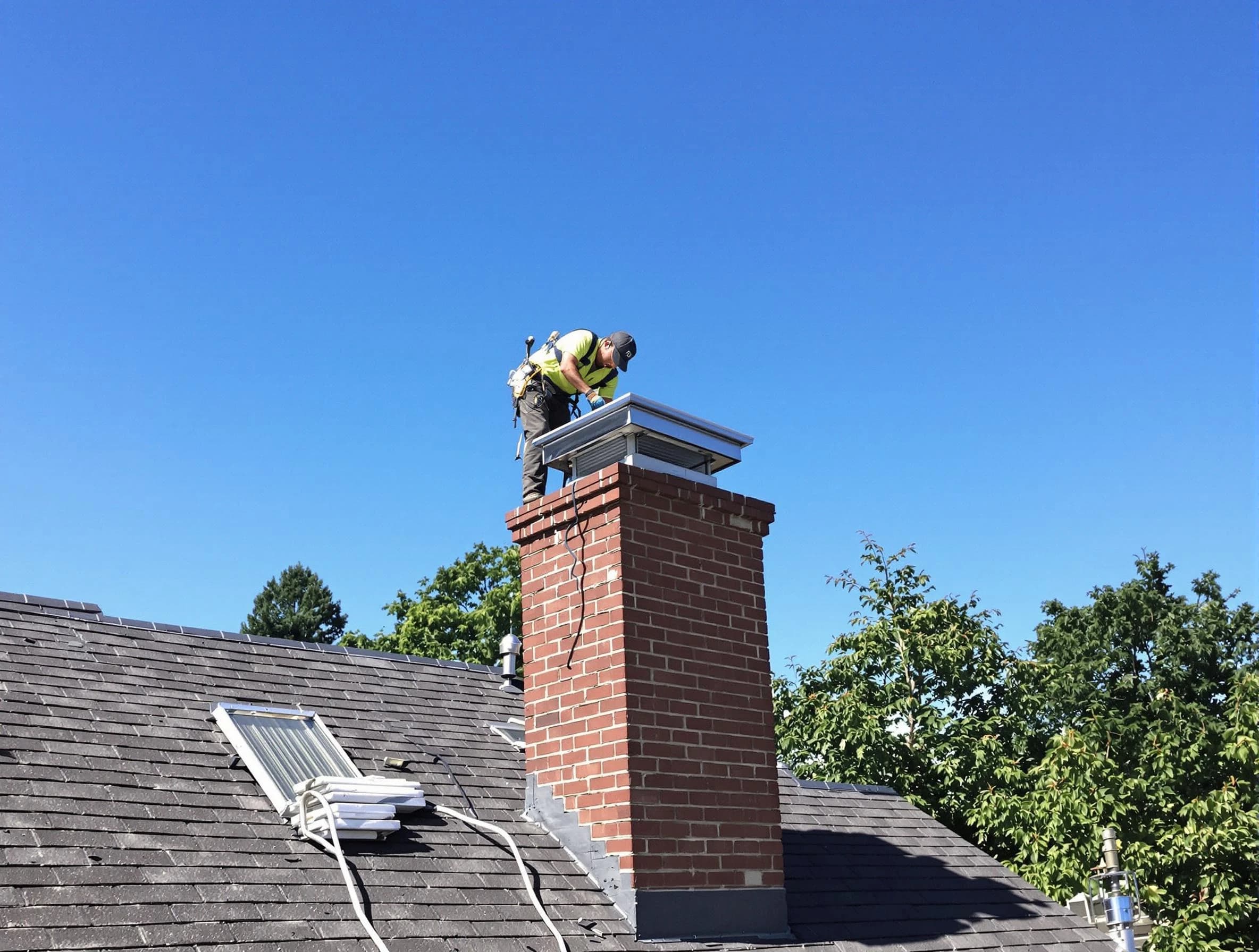 Morris Chimney Sweep technician measuring a chimney cap in Morris, NJ